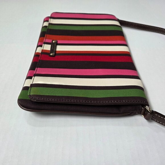 Kate Spade Rainbow Stripe Canvas Flap & Brown Leather Shoulder Bag Preppy Y2K - Picture 6 of 12
